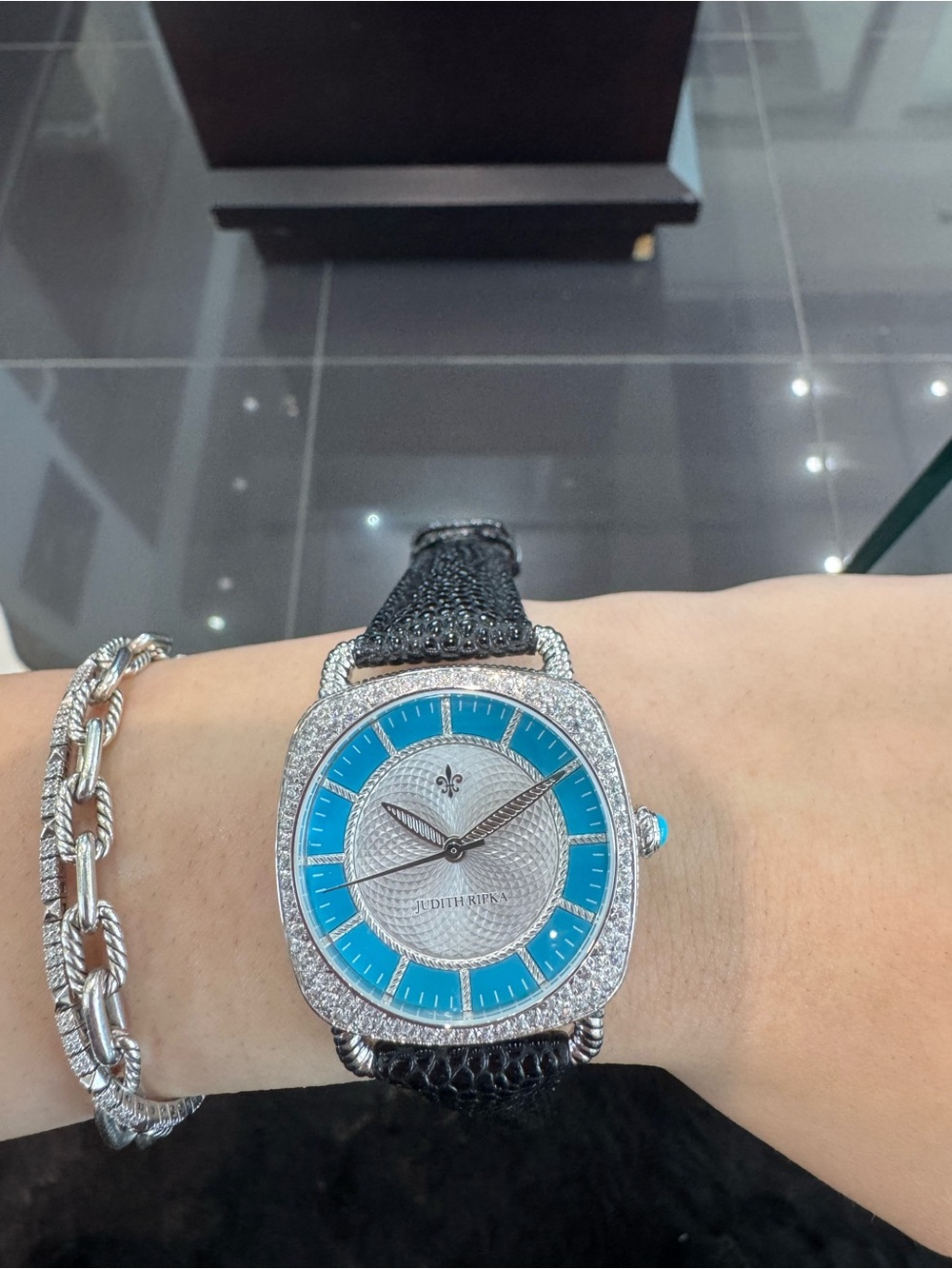 New Judith Ripka Stainless Steel Sleeping Beauty Turquoise Cushion Watch